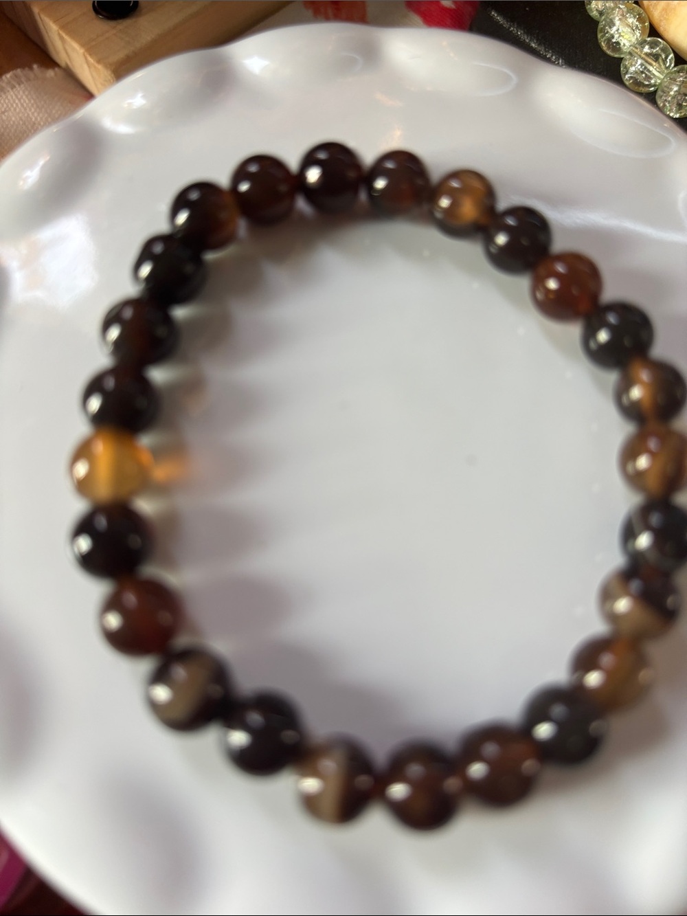 Polished Brown Agate Bead Stretch Bracelet with Evil Eye